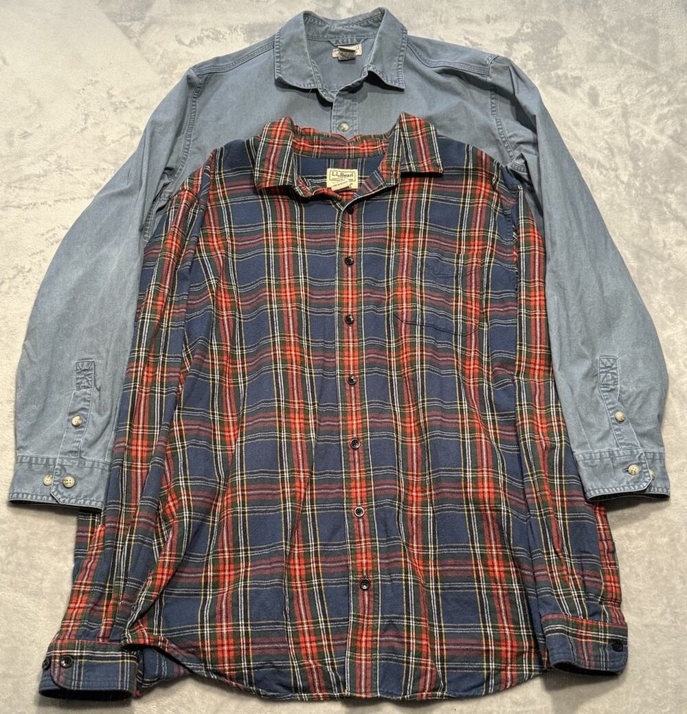 Large Tall LL Bean Shirt Lot Sunwashed Canvas Button Scotch Flannel Blue Red LT